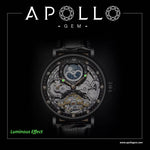 Luxury watch with intricate design on a black background, featuring the brand 'ApolloGem'.