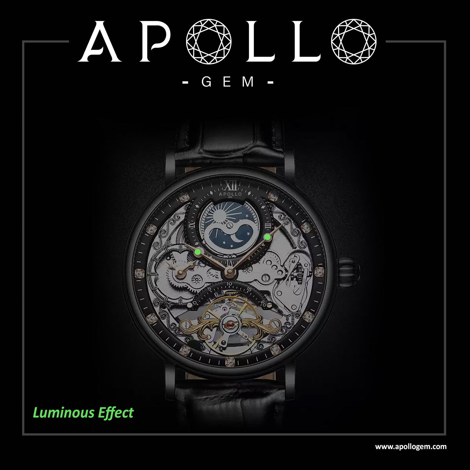 Luxury watch with intricate design on a black background, featuring the brand 'ApolloGem'.