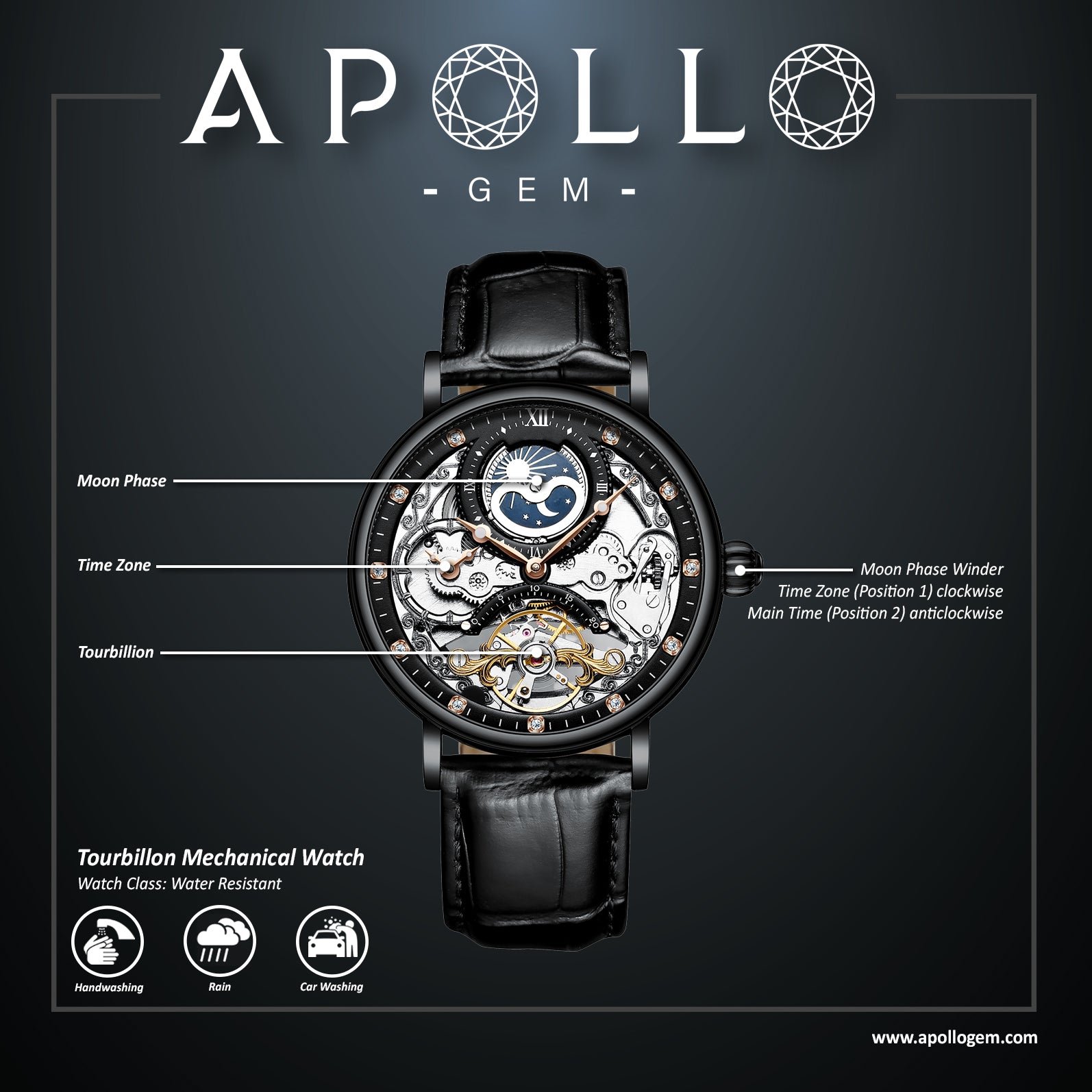 Black watch with detailed mechanical components on a dark background, featuring the brand 'ApolloGem'.