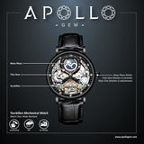 Black watch with detailed mechanical components on a dark background, featuring the brand 'ApolloGem'.