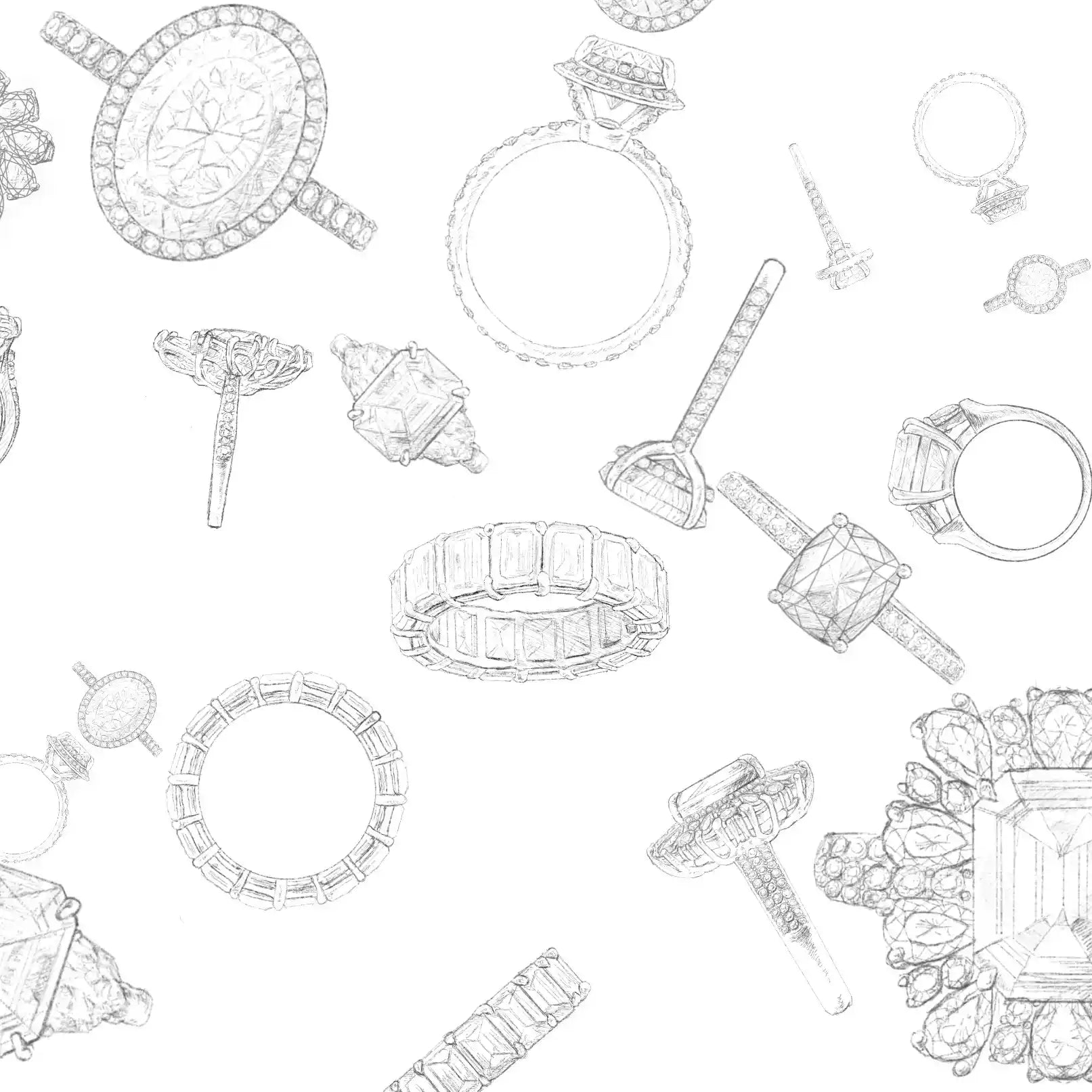 Hand-drawn diamond ring technical sketches and jewelry design outlines for custom orders at ApolloGem