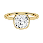 Cushion cut Moissanite engagement ring with a bezel setting, displayed on a gold band, against a white background.Moissanite engagement ring cape town south africa grand diamonds ralph jacobs jeulia "