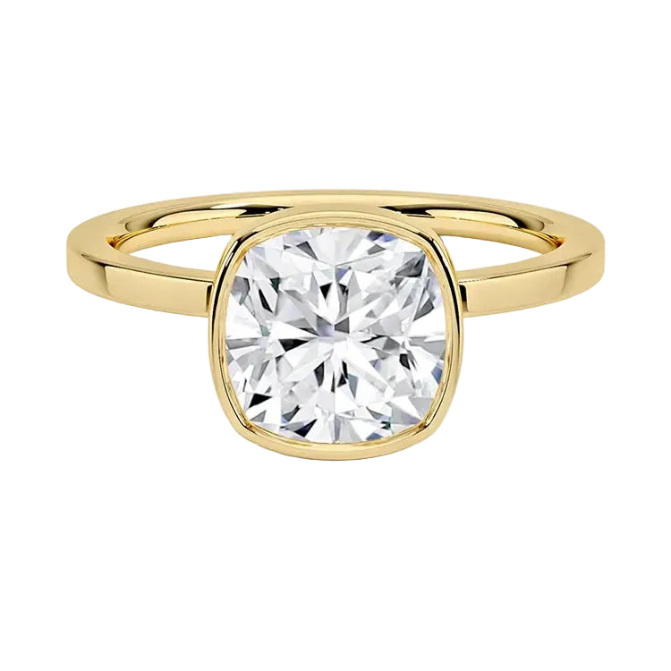 Cushion cut Moissanite engagement ring with a bezel setting, displayed on a gold band, against a white background.Moissanite engagement ring cape town south africa grand diamonds ralph jacobs jeulia "