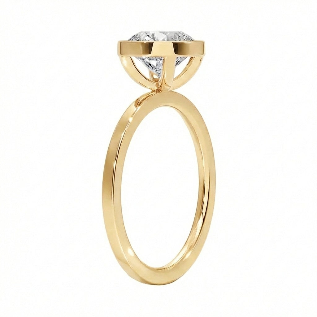 Modern solitaire ring pillow shape stone bezel setting protective design 18k gold