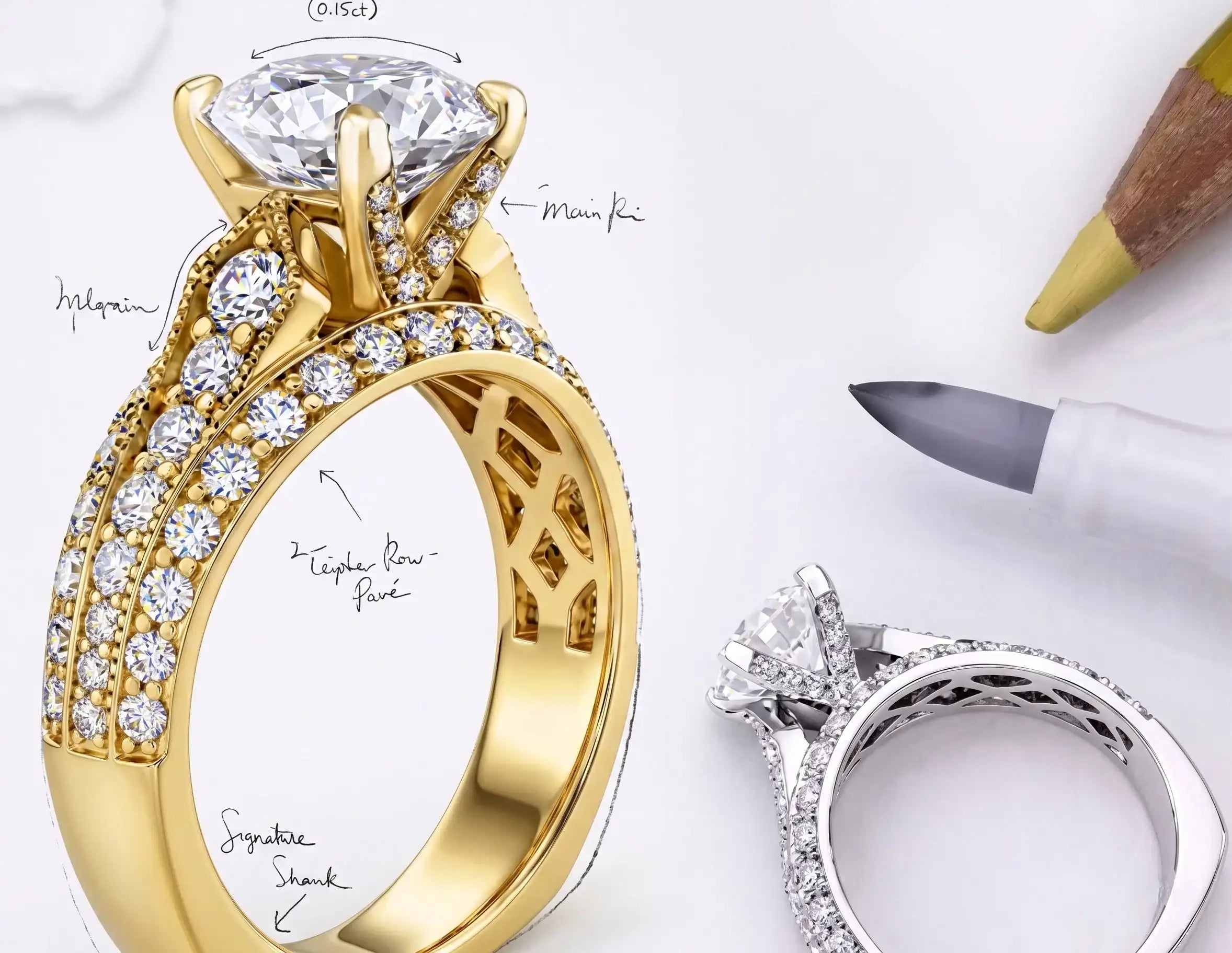 Bespoke jewelry design at ApolloGem, custom engagement ring sketches with hand-drawn details and luxury diamonds