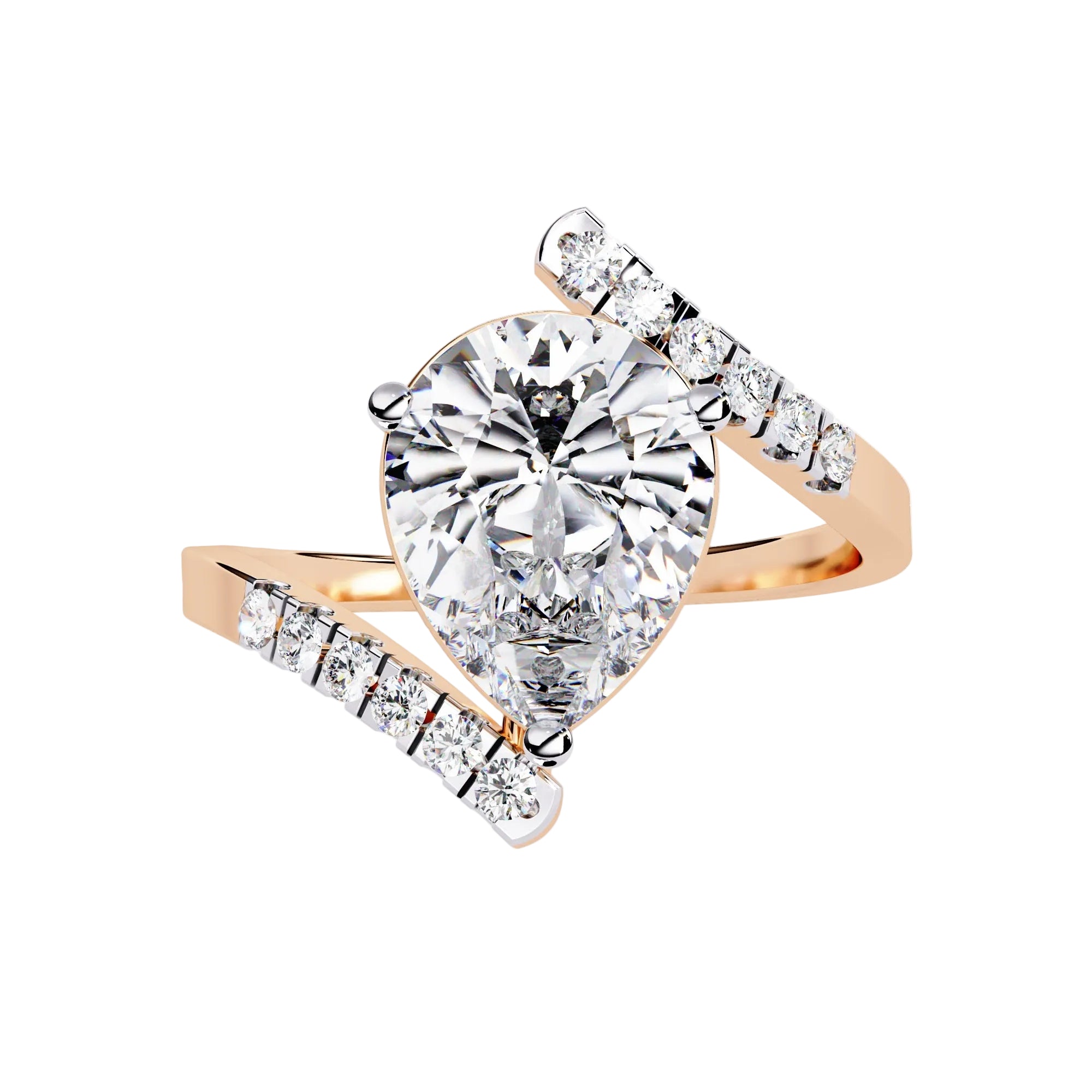 Side view of architectural bypass ring with open shank and pear moissanite details