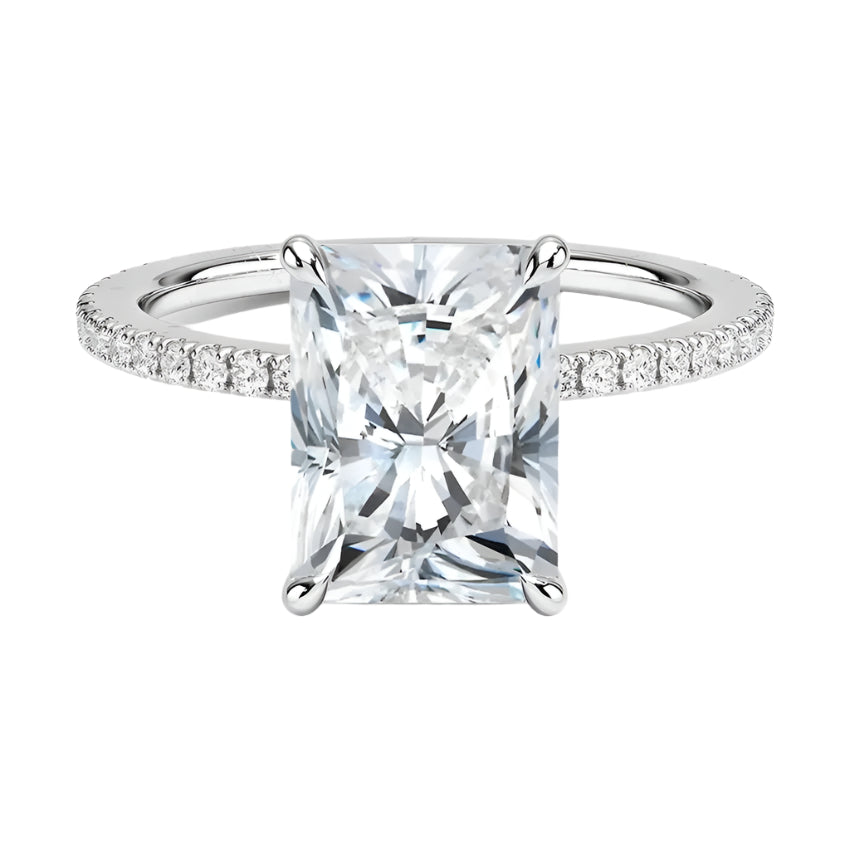 alt="Custom lab-grown diamond engagement ring with hidden halo and radiant cut stone by ApolloGem"
