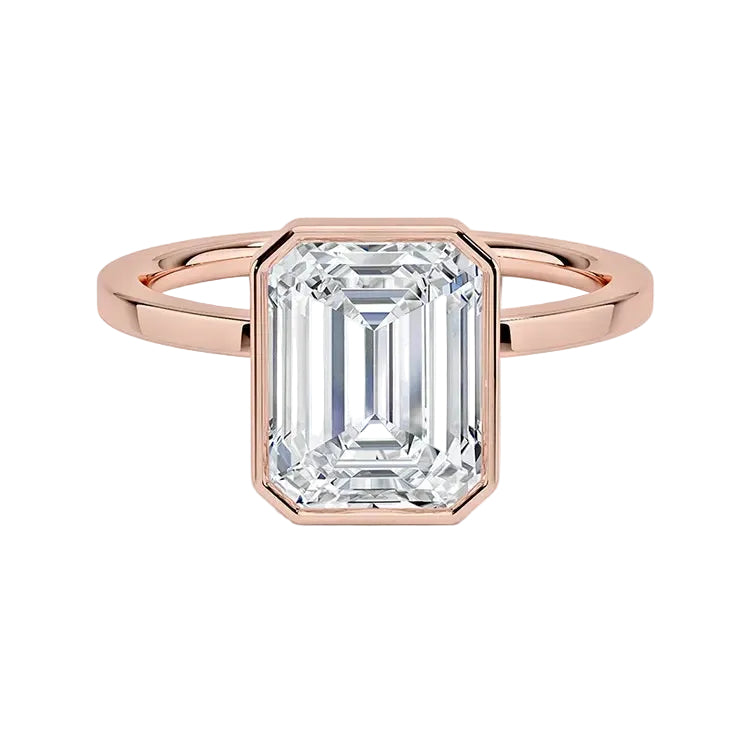 Square edge gold band ring with bezel setting emerald moissanite side view