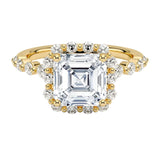 Asscher cut engagement ring with floral halo yellow gold unique vintage style South Africa