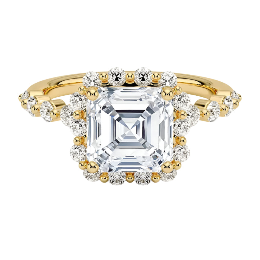 Asscher cut engagement ring with floral halo yellow gold unique vintage style South Africa