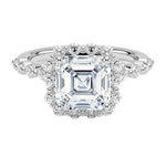 Step cut asscher stone VVS clarity with scalloped halo setting close up