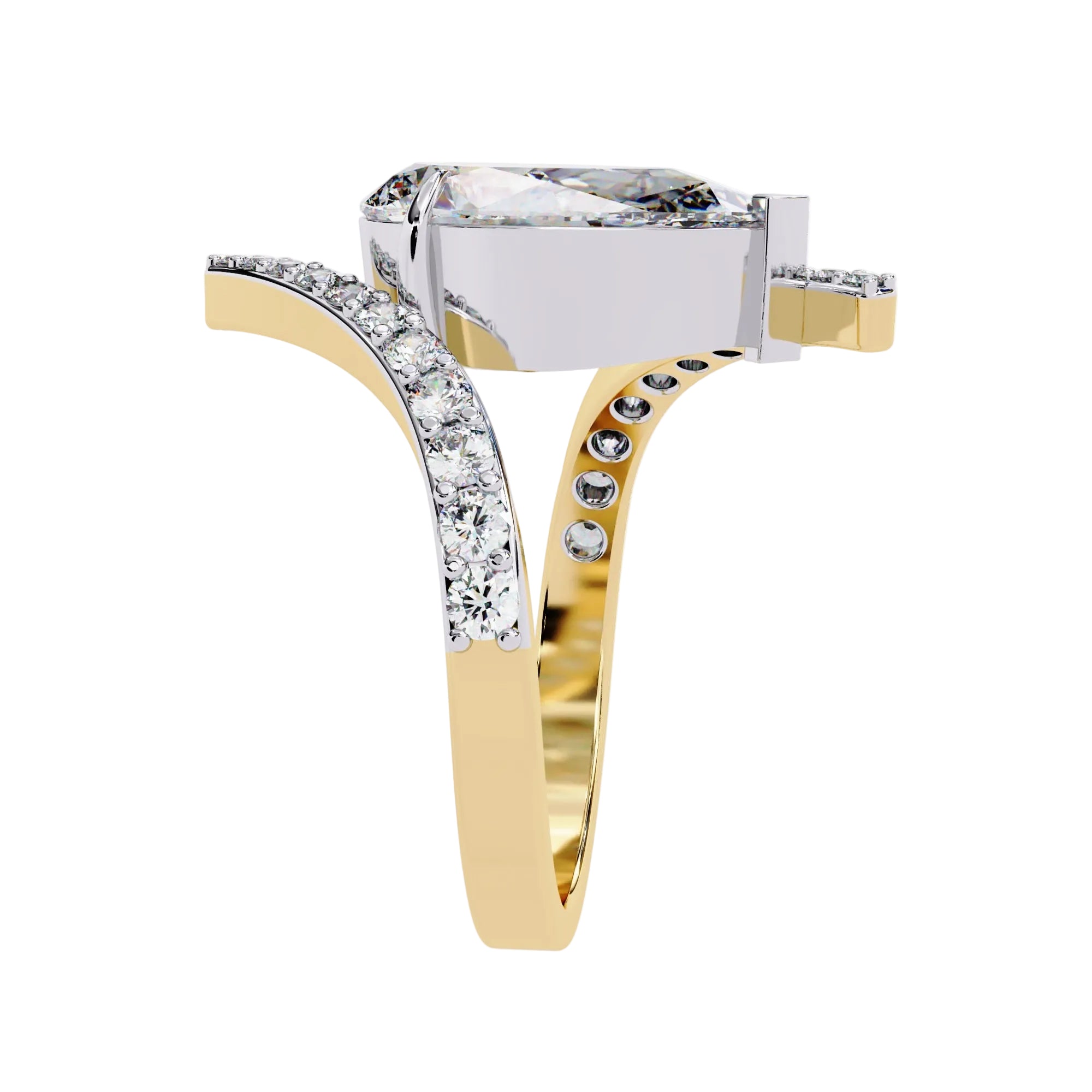 Modern architectural ring with floating pear moissanite geometric design side view