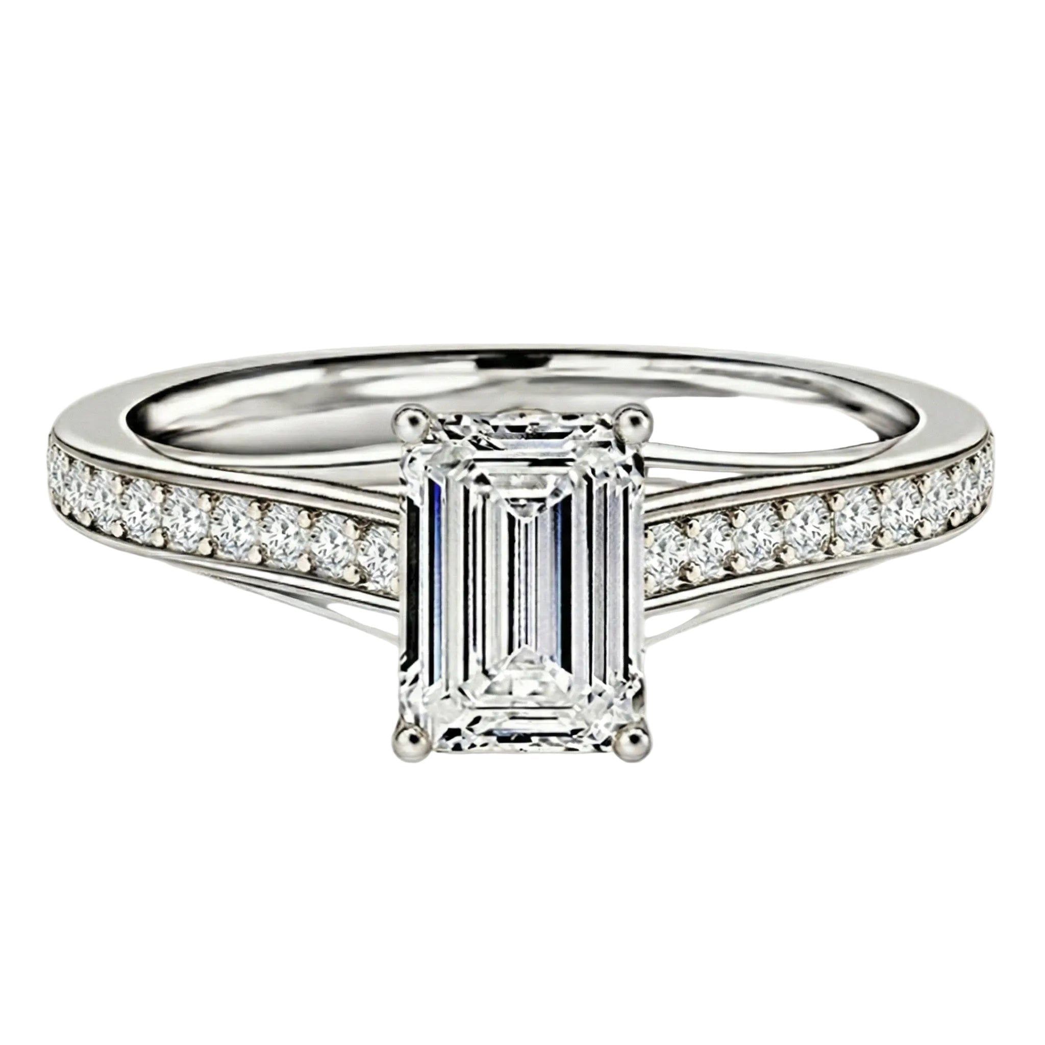 Diamond ring with emerald-cut center stone on a white background