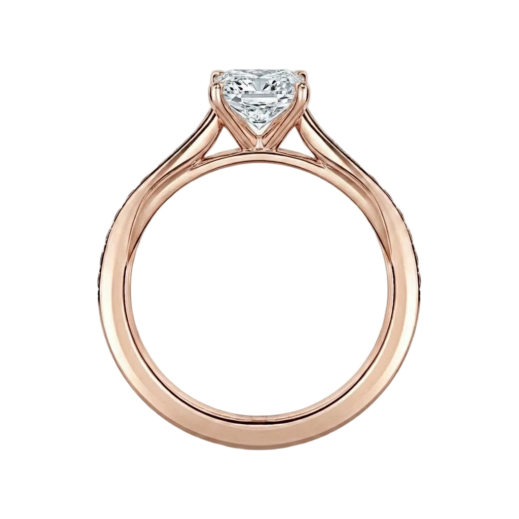 Side view of cathedral setting oval stone channel band details close up