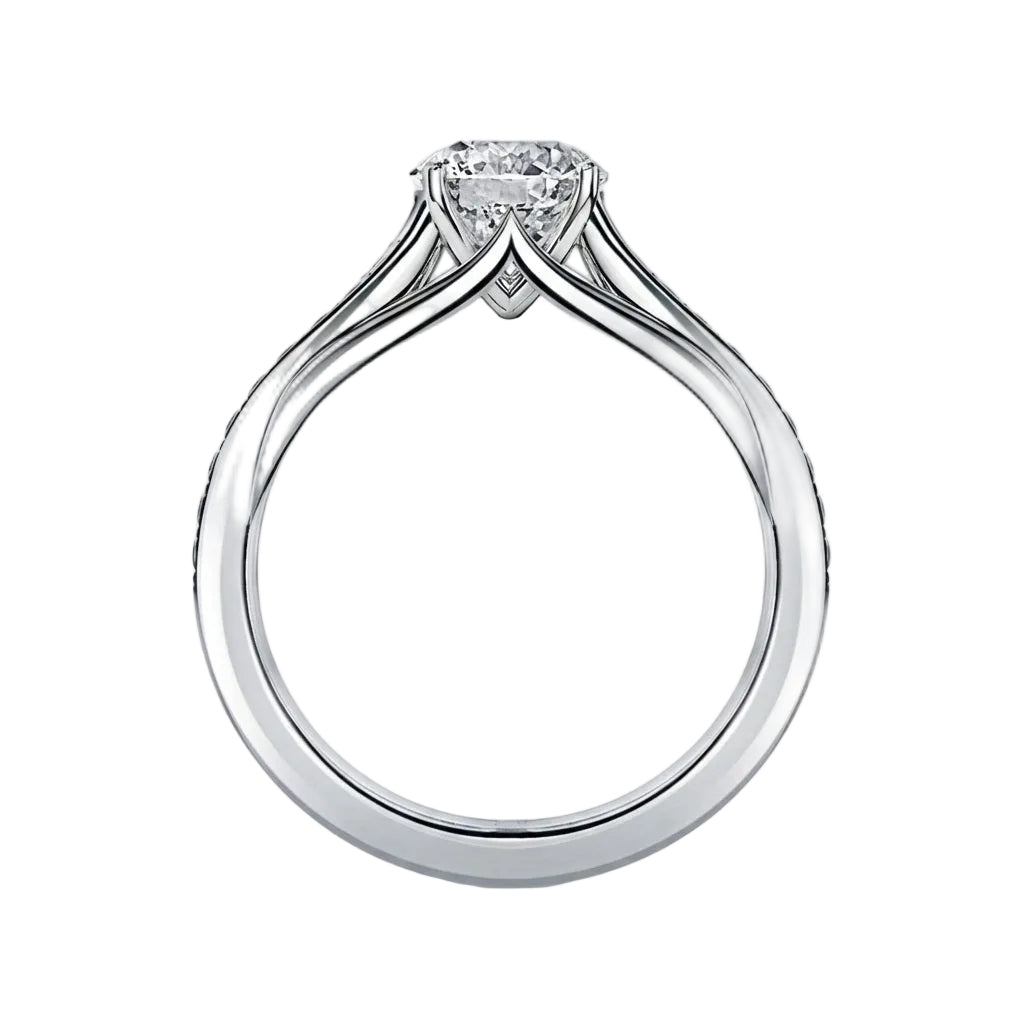 Side view of cathedral setting round stone channel band details close up