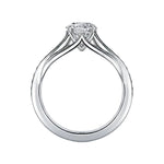 Side view of cathedral setting round stone channel band details close up