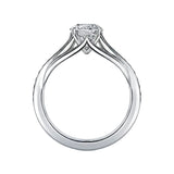 Side view of cathedral setting round stone channel band details close up