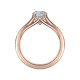Rose gold ring with a diamond on a white background