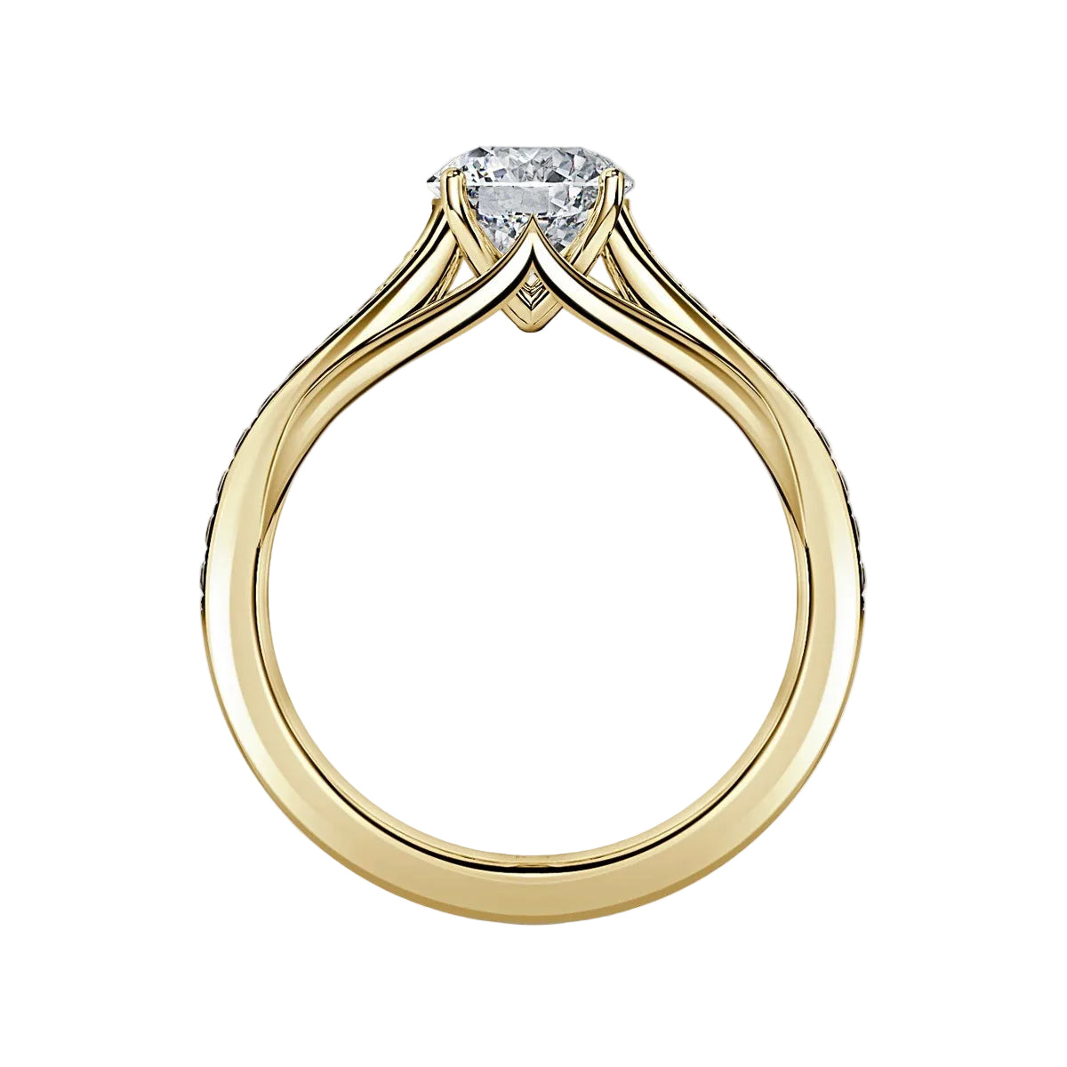 Rose gold channel set ring round moissanite snag free design side profile