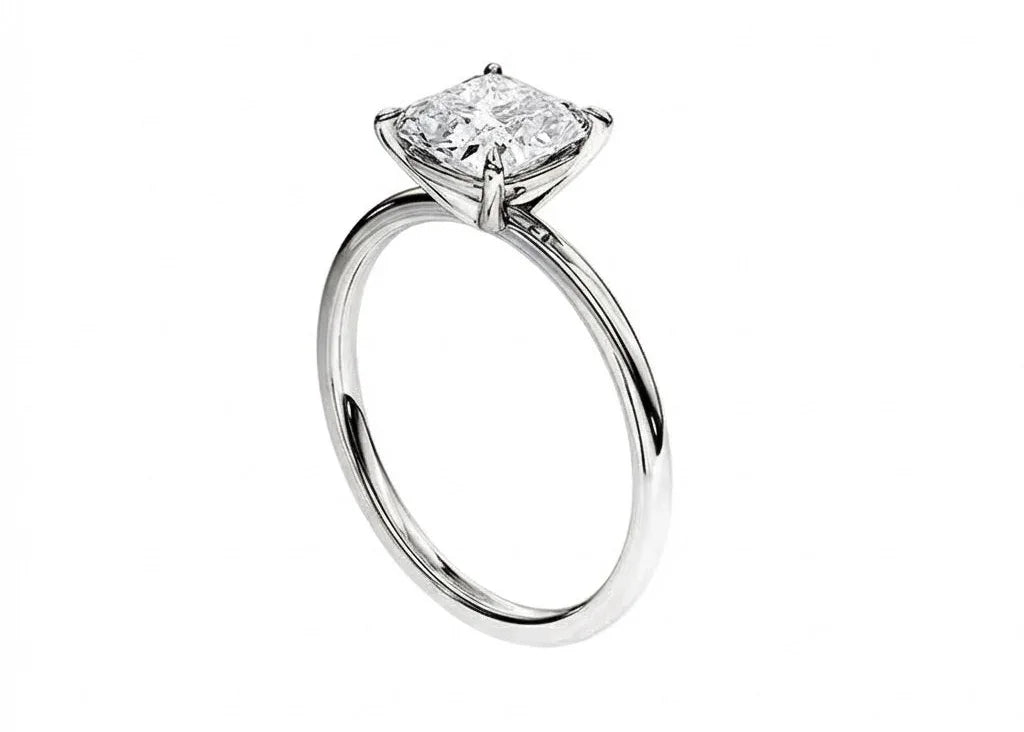Side profile of the Classic Cushion ring showing the elevated four-prong setting and slim band.
