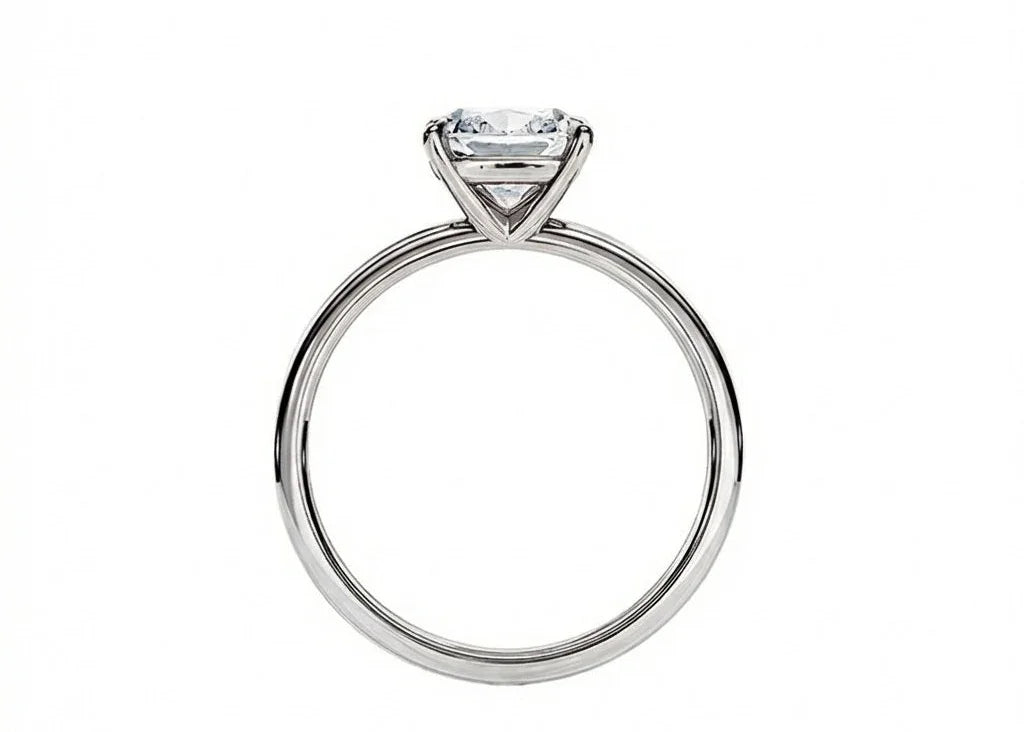 Side profile of the Classic Cushion ring showing the elevated four-prong setting and slim band.