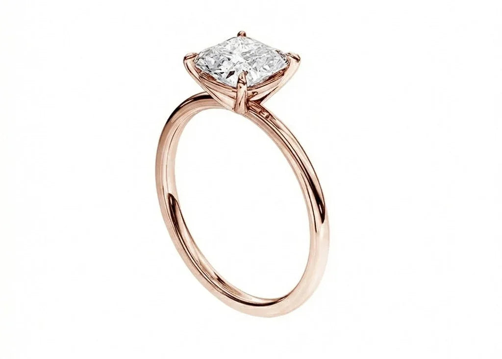 Side profile of the Classic Cushion ring showing the elevated four-prong setting and slim band.