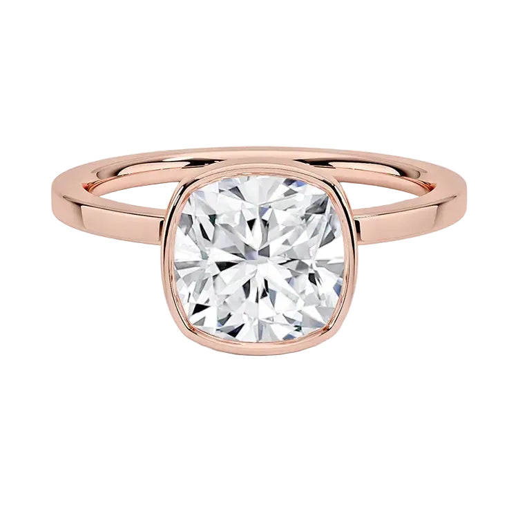 The Cushion Bezel set moissanite solitaire ring in rose gold ApolloGem