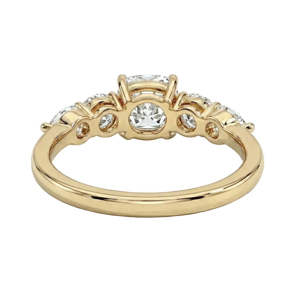 Five stone cushion and round moissanite engagement ring yellow gold ApolloGem