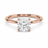 Cushion-cut moissanite solitaire engagement ring in a classic minimalist setting, handcrafted by ApolloGem.
