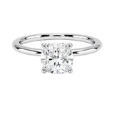 Cushion-cut moissanite solitaire engagement ring in a classic minimalist setting, handcrafted by ApolloGem.