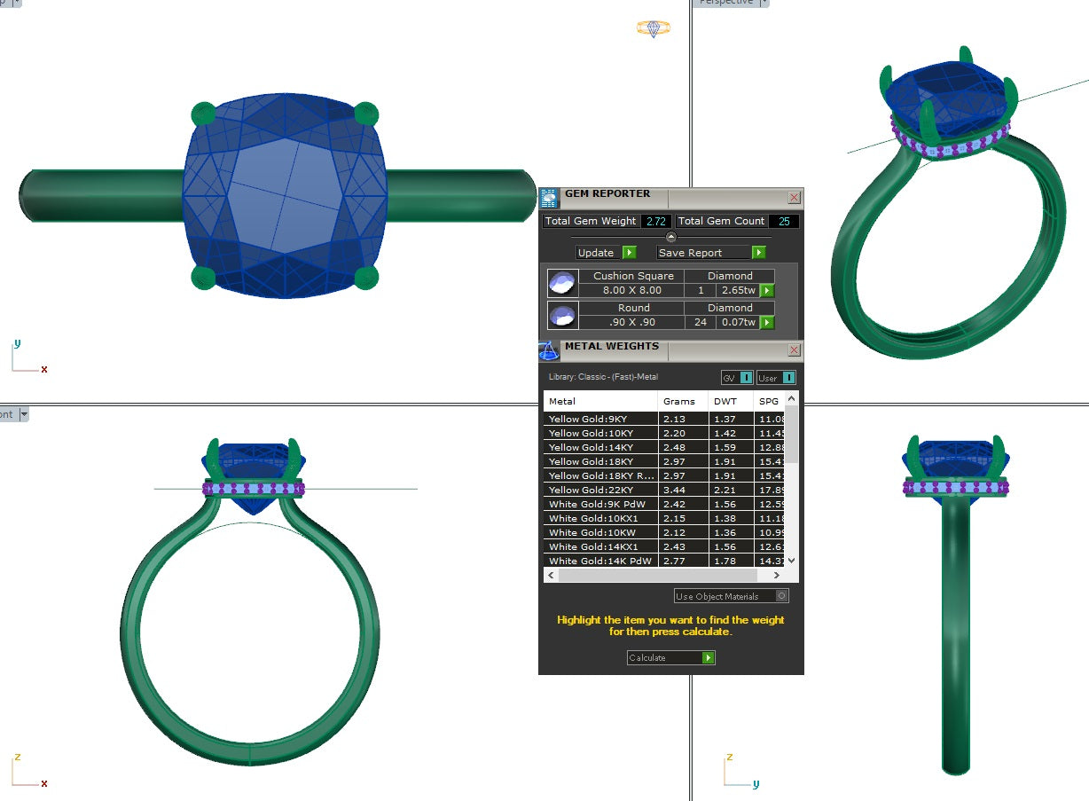 3D model of a ring with a blue gemstone and software interface for weight measurement.
