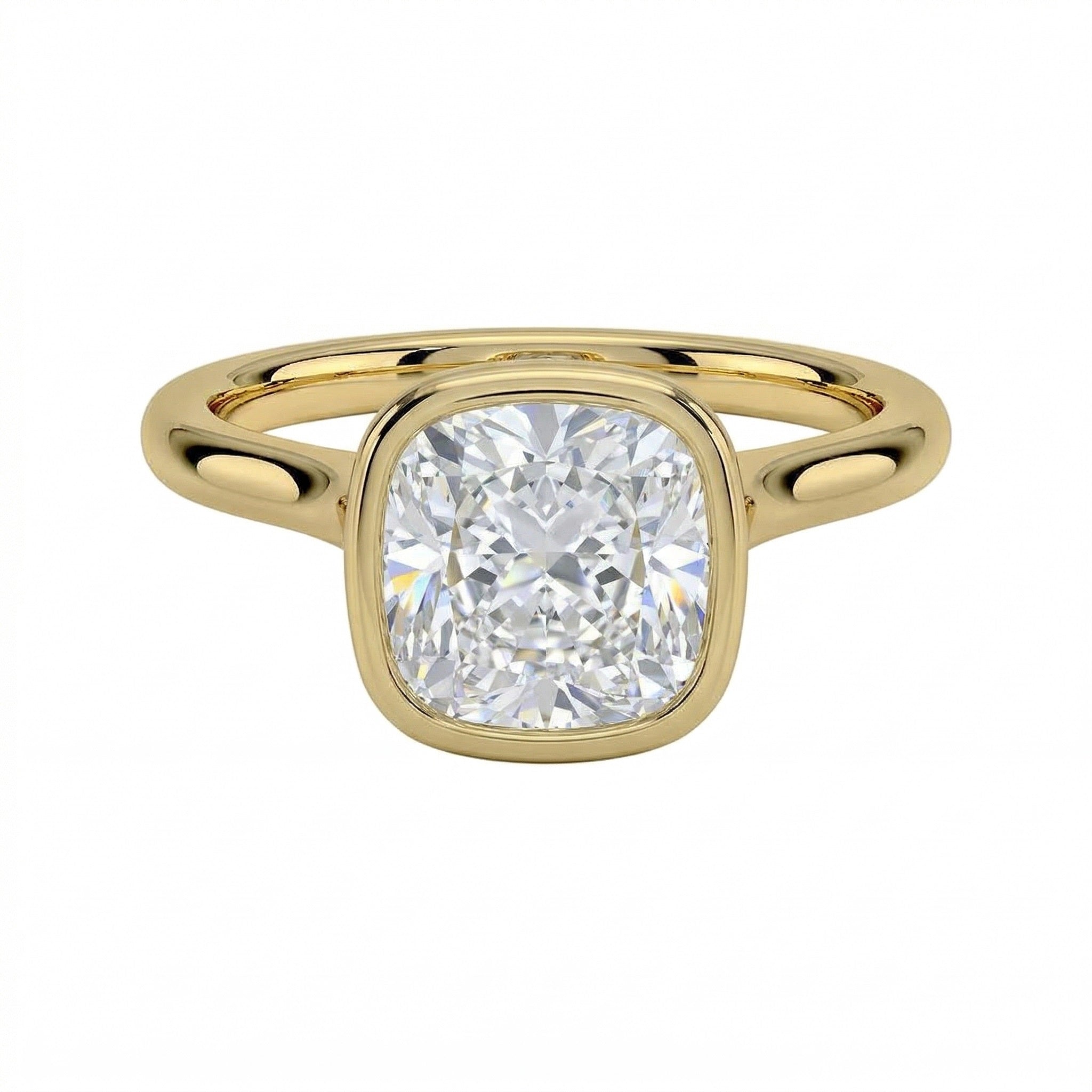 The Cushion Tube moissanite solitaire ring with a smooth yellow gold bezel ApolloGem