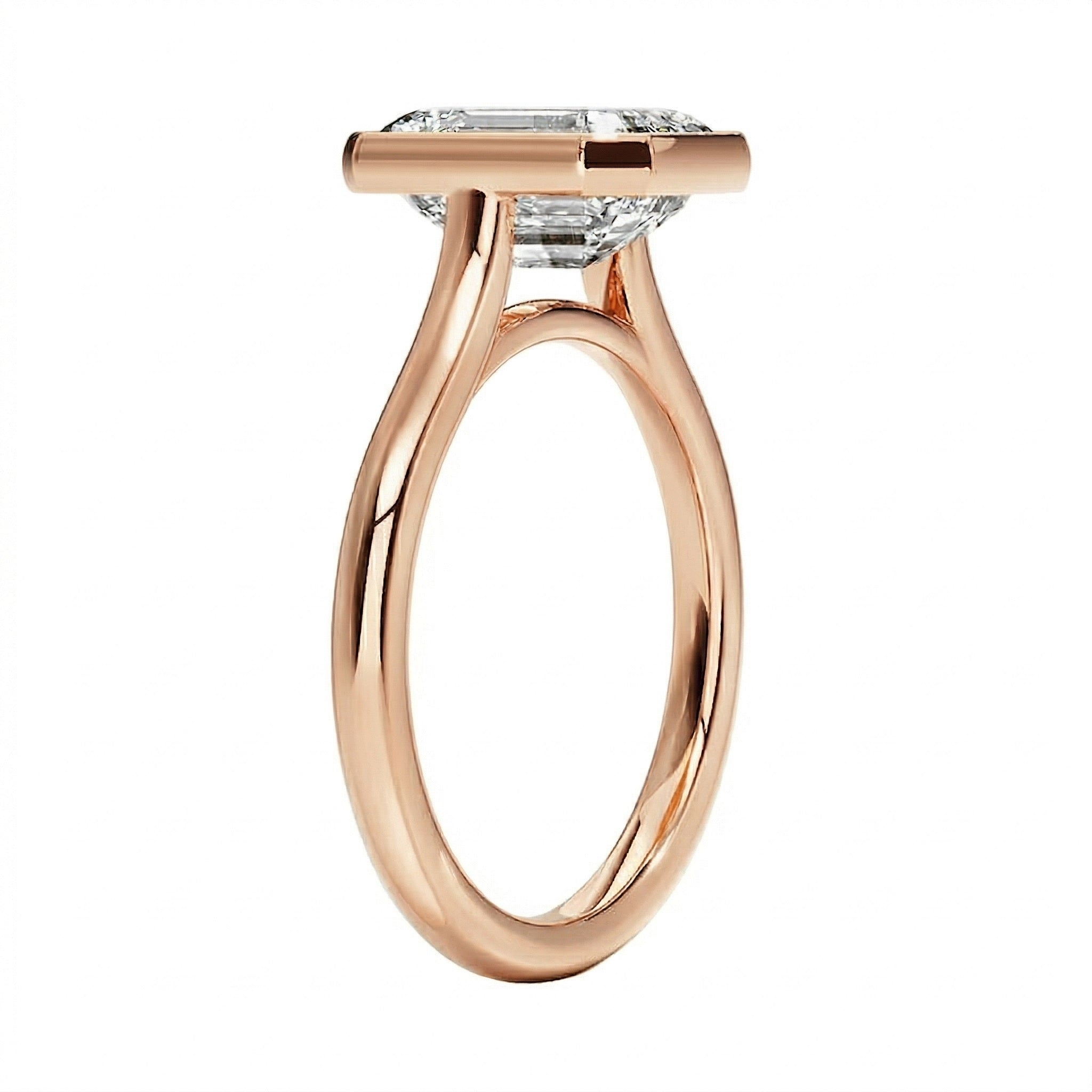 Top-down view of a D-color VVS1 cushion stone in a polished rose gold bezel