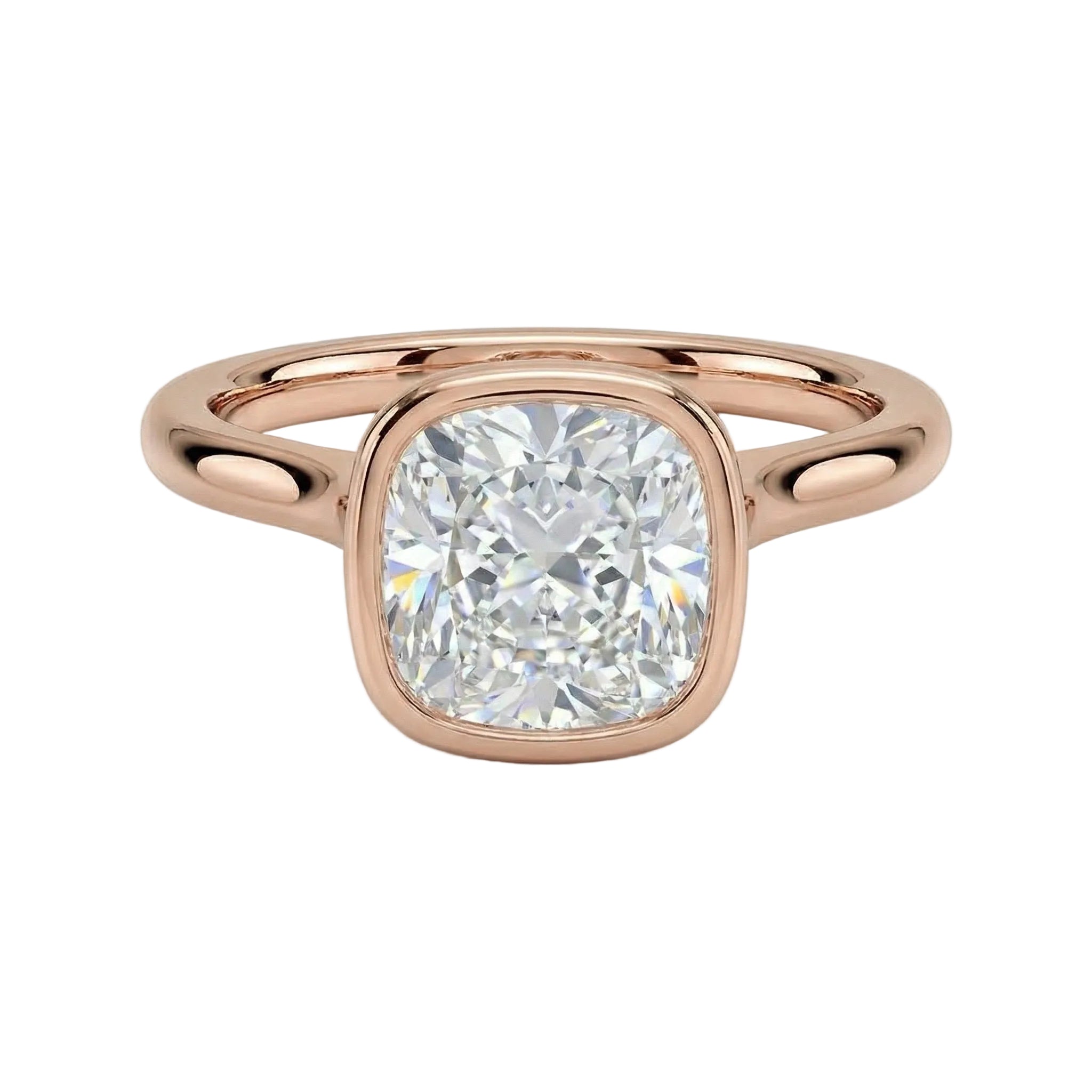 The Cushion Tube moissanite solitaire ring with a smooth rose gold bezel ApolloGem