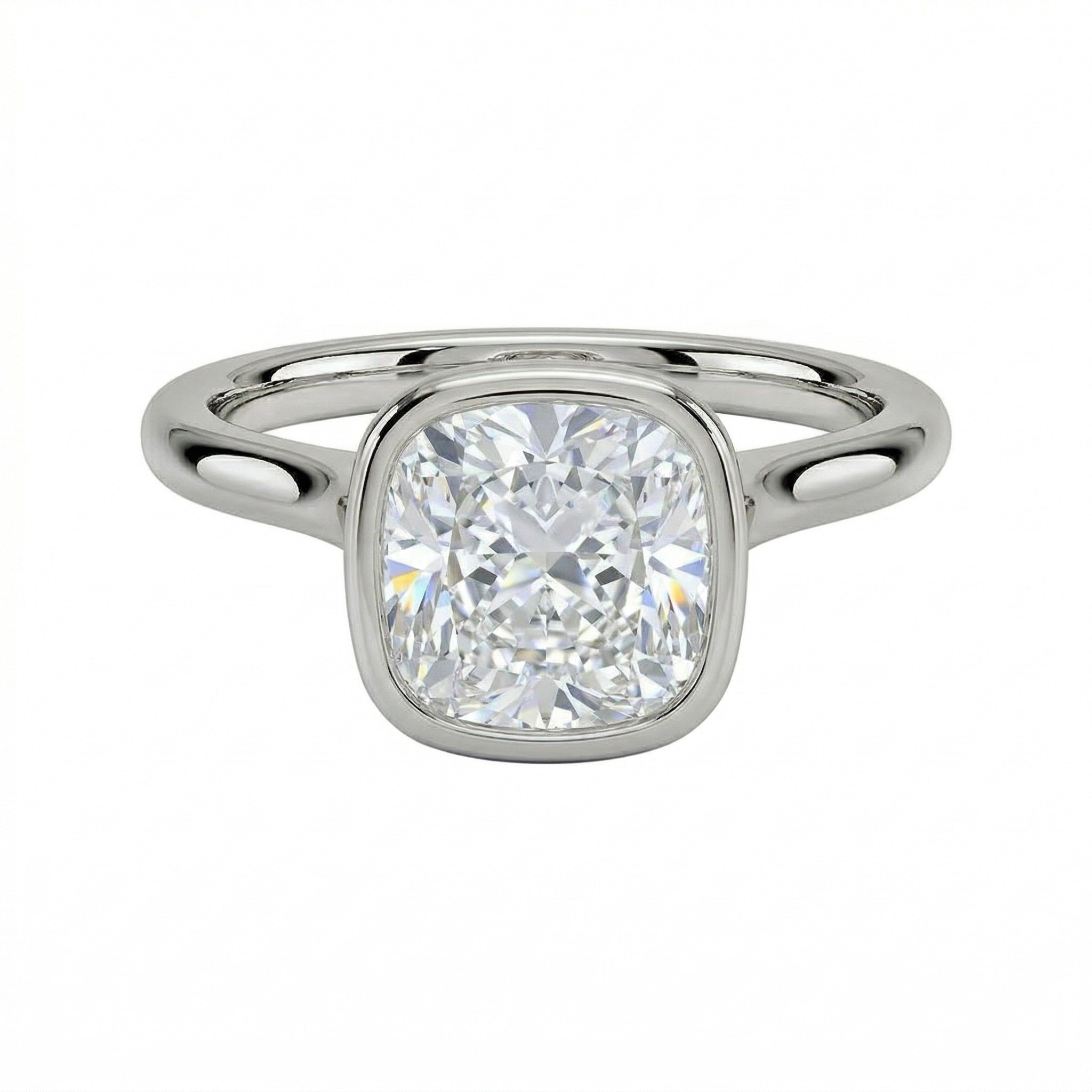 The Cushion Tube moissanite solitaire ring with a smooth white gold bezel ApolloGem