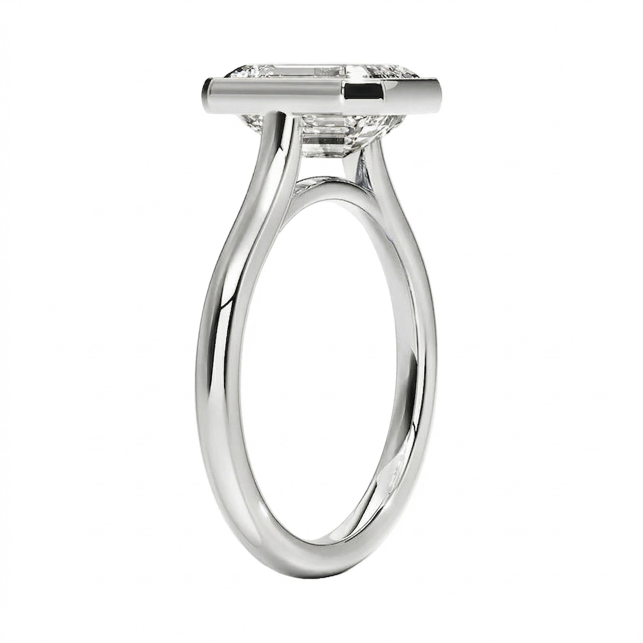 Top-down view of a D-color VVS1 cushion stone in a polished white gold bezel