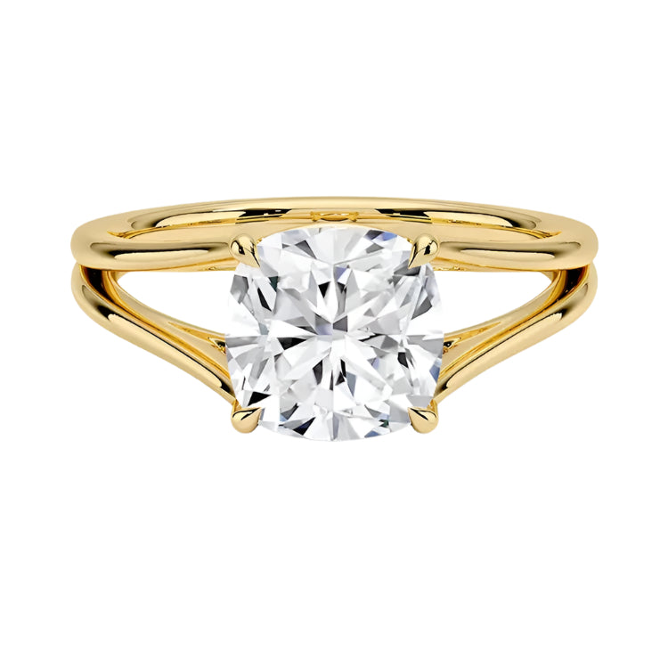 Luxury cushion cut moissanite engagement ring with a modern V-split shank in yellow gold ApolloGem South Africa.