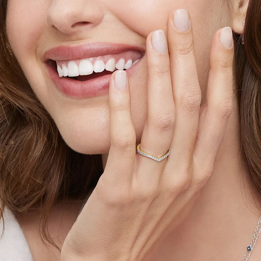 Thin pave diamond band V style 18k gold affordable bridal jewelry