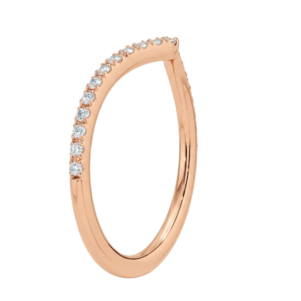 Rose gold ring with small diamonds on a white background