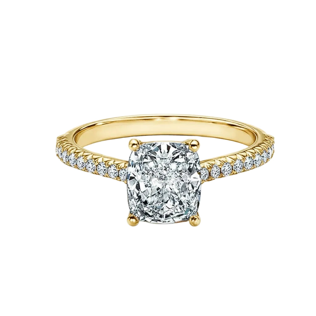 Elongated cushion cut moissanite engagement ring with pavé-set yellow gold band ApolloGem.