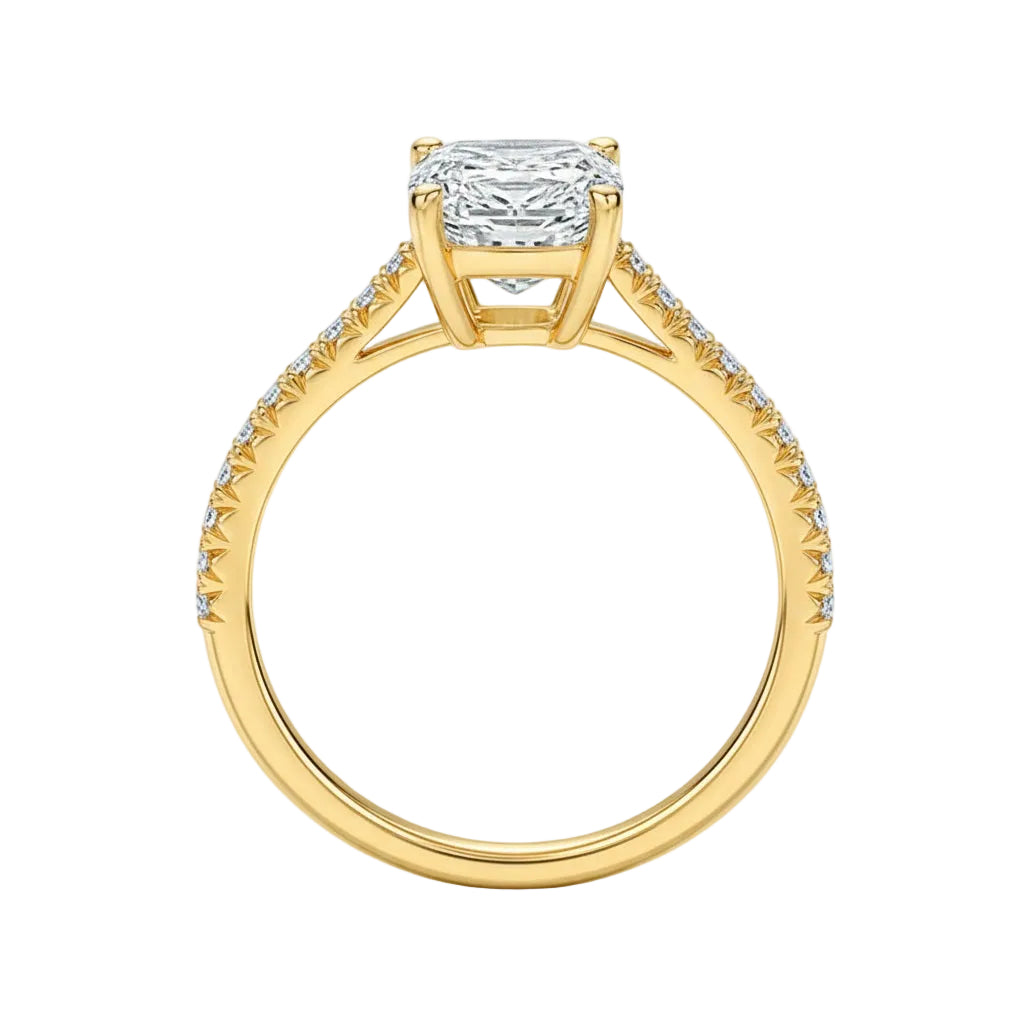 Side profile of the Elongated Cushion Pavé ring showing the refined four-claw basket and shimmering shank.