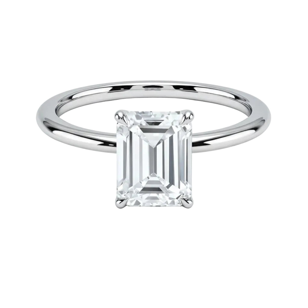 Luxury emerald cut moissanite solitaire engagement ring in 18k white gold ApolloGem South Africa.