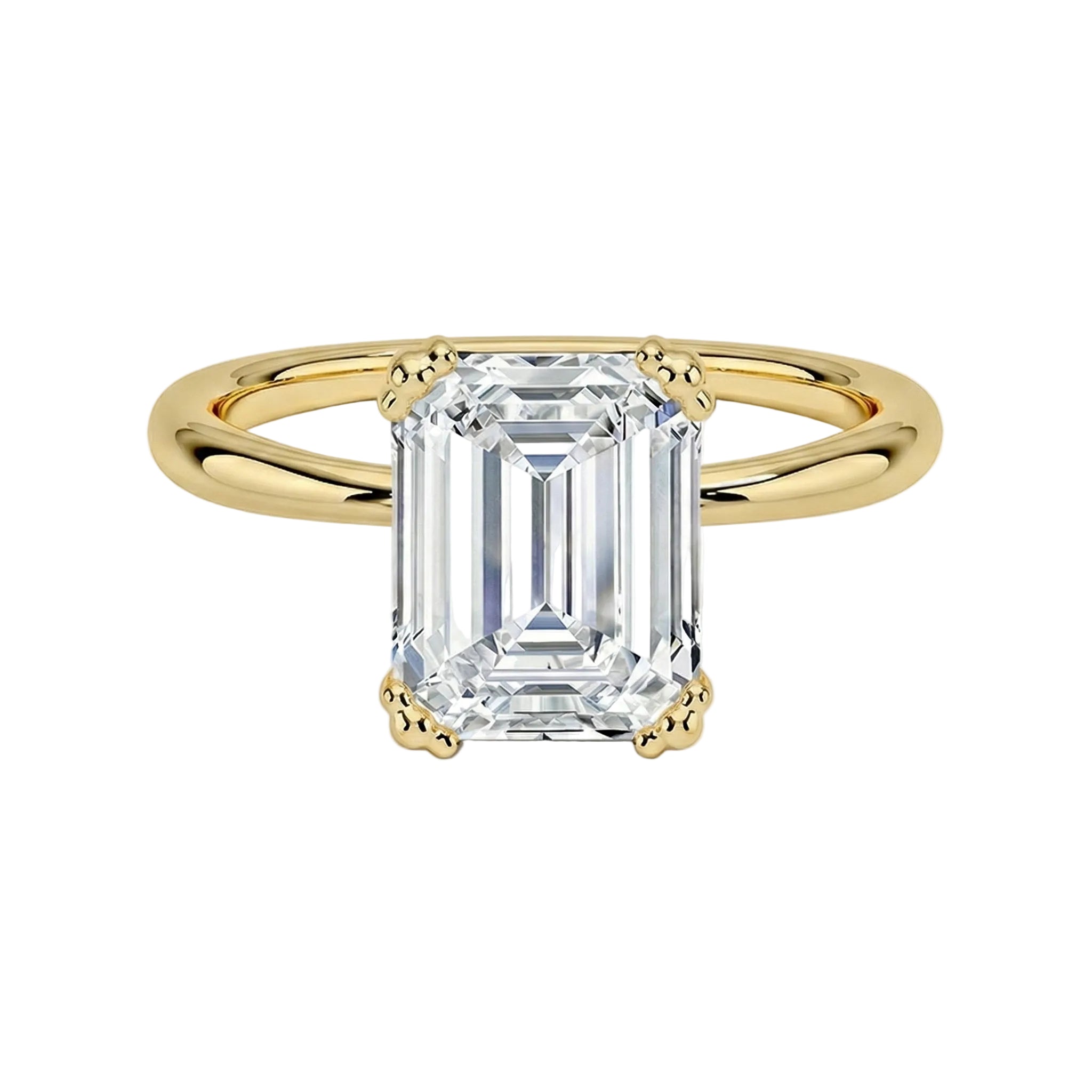 Luxury emerald cut moissanite solitaire engagement ring with double claw setting in yellow gold ApolloGem South Africa.