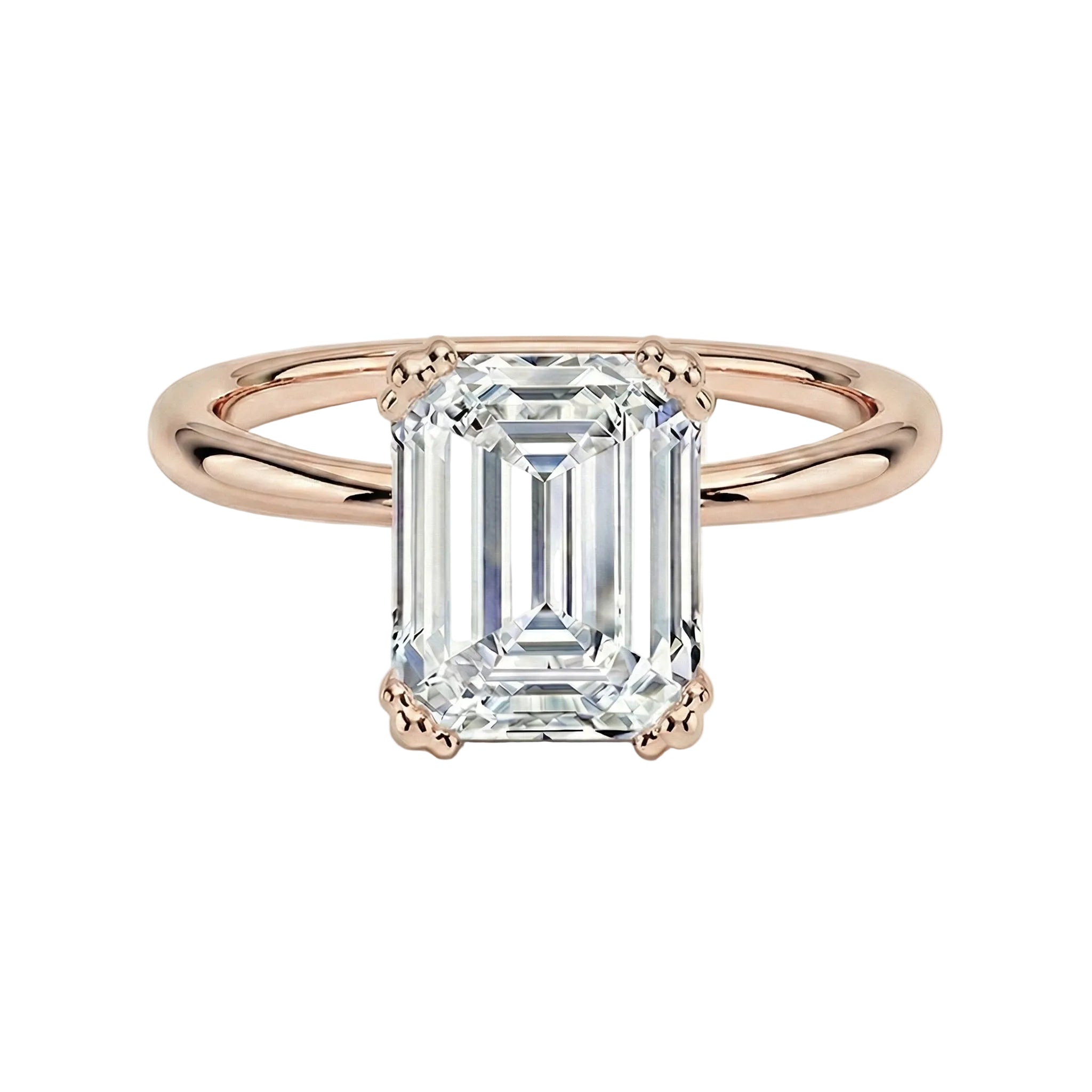 Four-prong double claw emerald solitaire engagement ring with a high-quality GRI certified stone rose gold ApolloGem