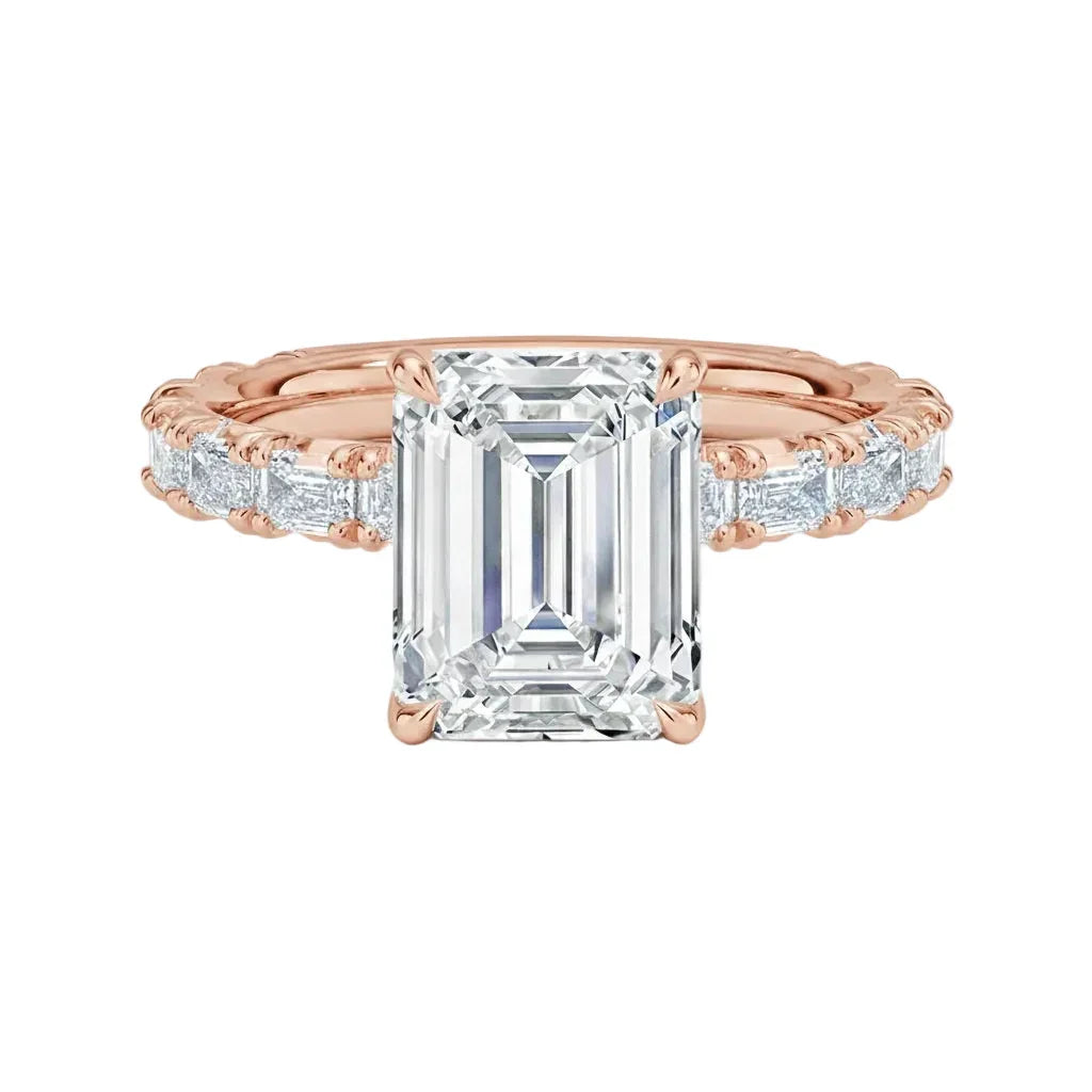 Luxury emerald cut moissanite engagement ring with a full emerald-cut eternity band in rose gold ApolloGem South Africa.