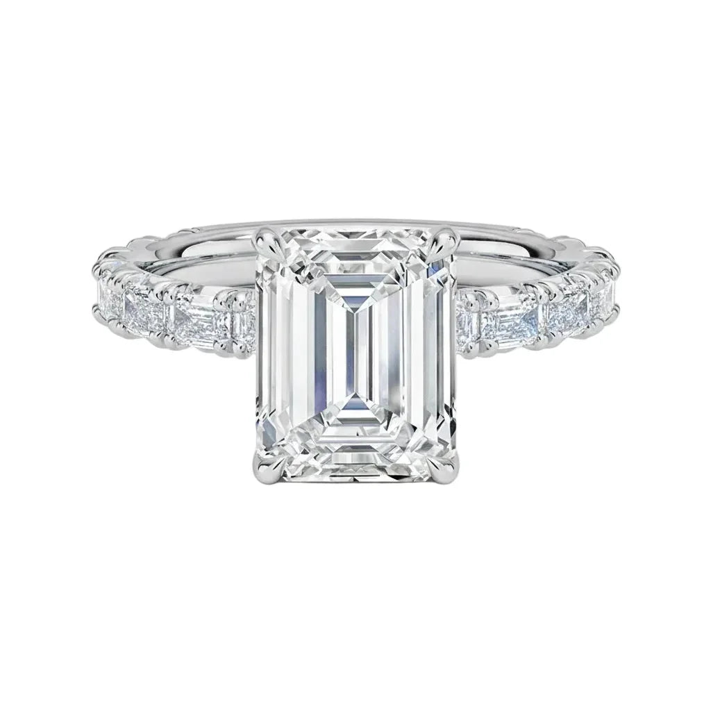 Luxury emerald cut moissanite engagement ring with a full emerald-cut eternity band in white gold ApolloGem South Africa.
