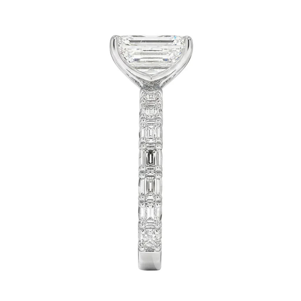 GRI certified emerald cut eternity ring in a signature ApolloGem premium LED-lit box for an elite luxury proposal.