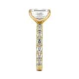 Top-down view of a symmetrical emerald cut moissanite ring on a luxurious step-cut eternity gold band.