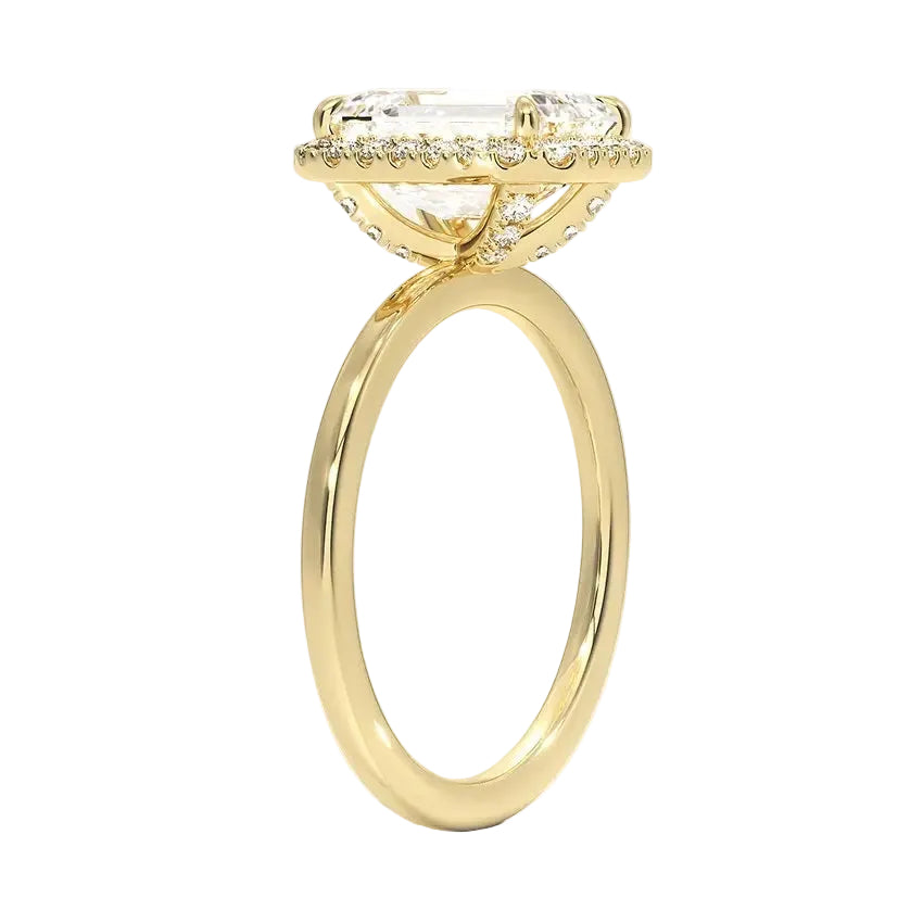 Emerald cut halo engagement ring plain gold band solitaire style South Africa