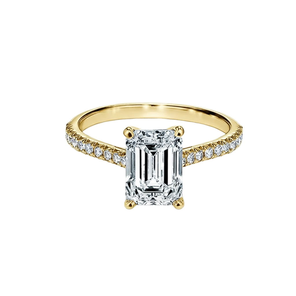 Luxury emerald cut moissanite engagement ring with pavé band in 9k yellow gold ApolloGem.